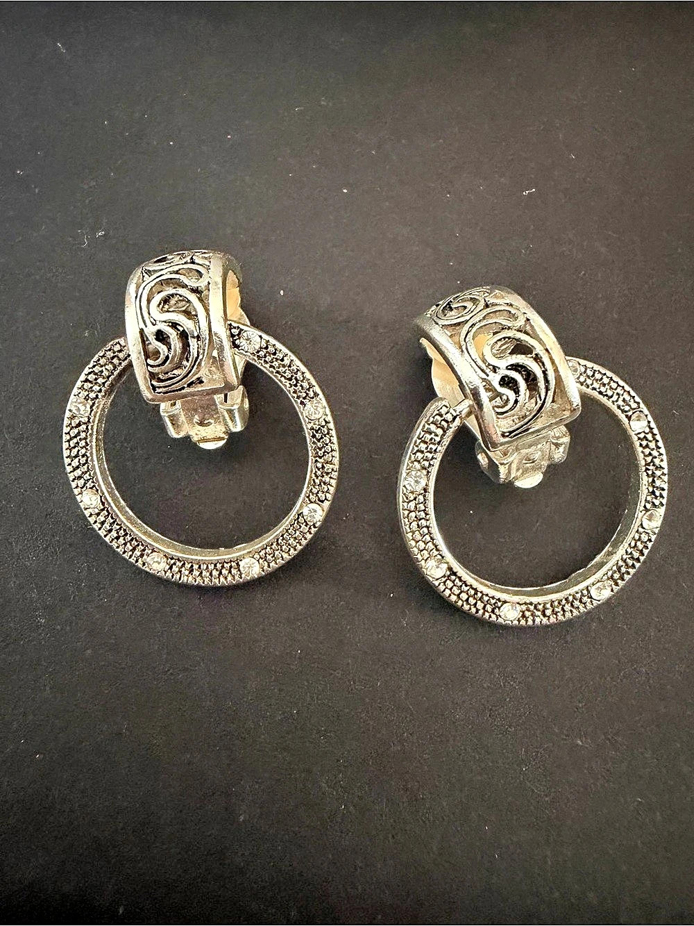 Vintage Silver Rhinestone Hoop Drop Clip On Earrings Ornate Scrollwork